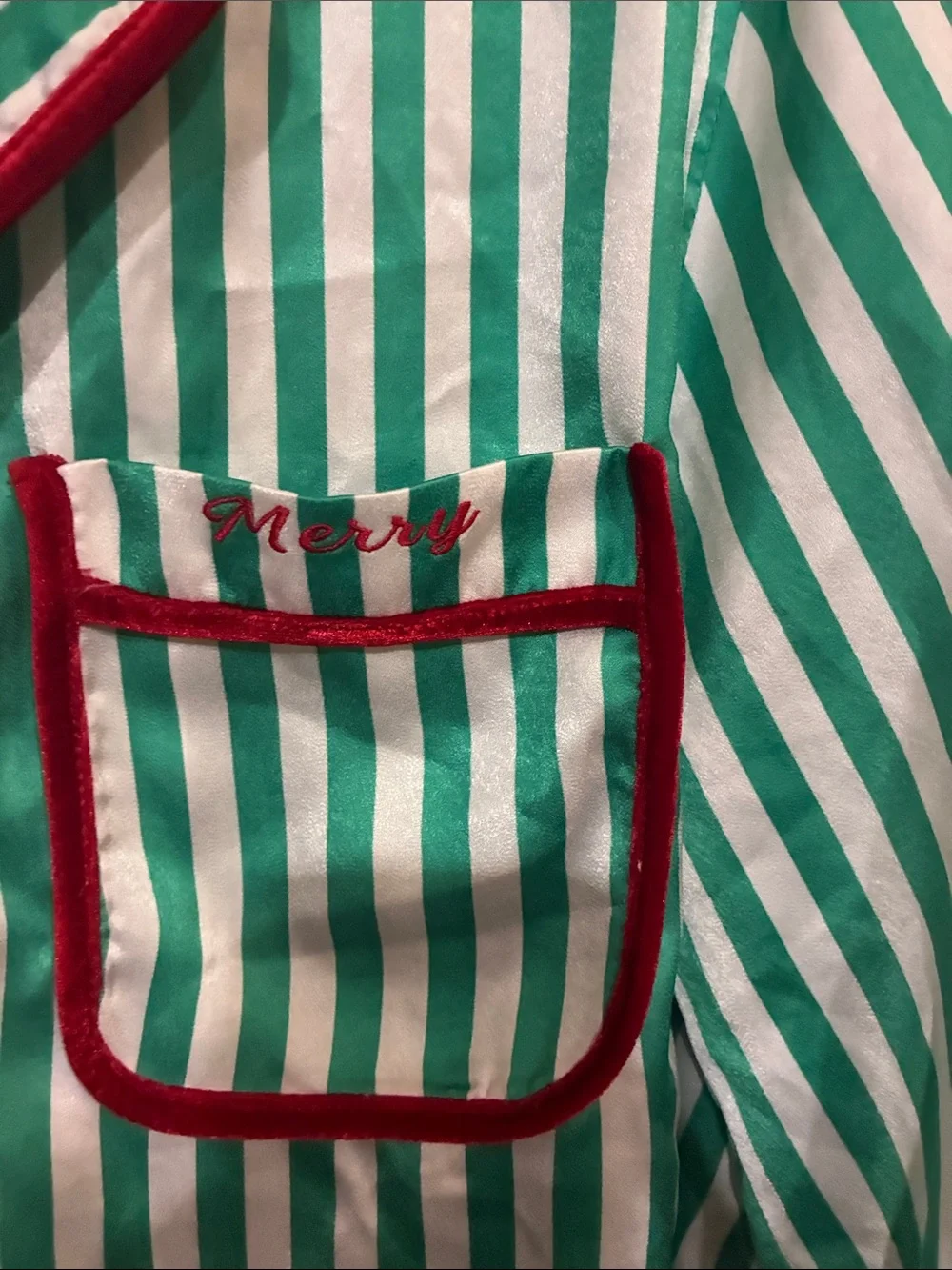 Altar'd State Green and White Striped Satin Pajama Top with Red Trim